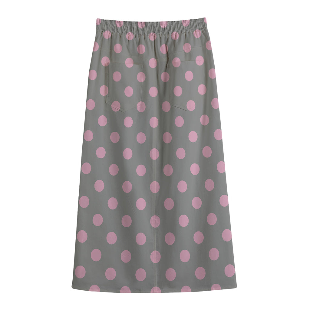 Grey And Pink Polka Dot Pattern Print Cotton Front Slit Maxi Skirt