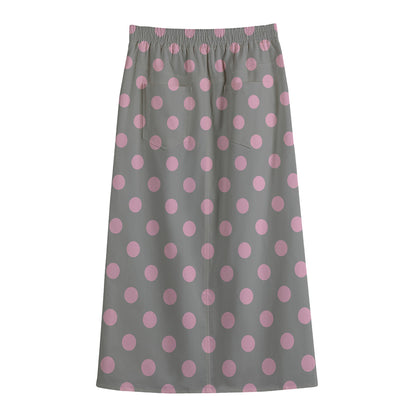 Grey And Pink Polka Dot Pattern Print Cotton Front Slit Maxi Skirt