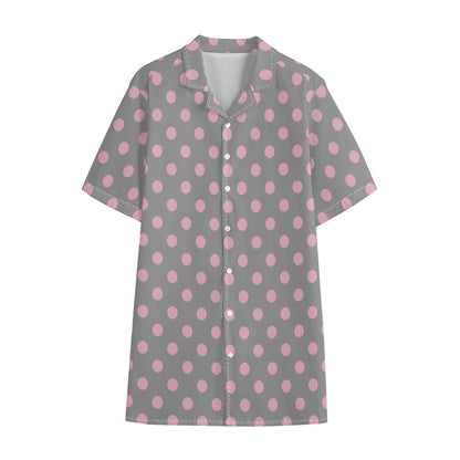 Grey And Pink Polka Dot Pattern Print Cotton Hawaiian Shirt