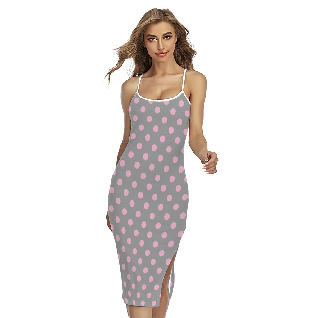 Grey And Pink Polka Dot Pattern Print Cross Back Cami Dress