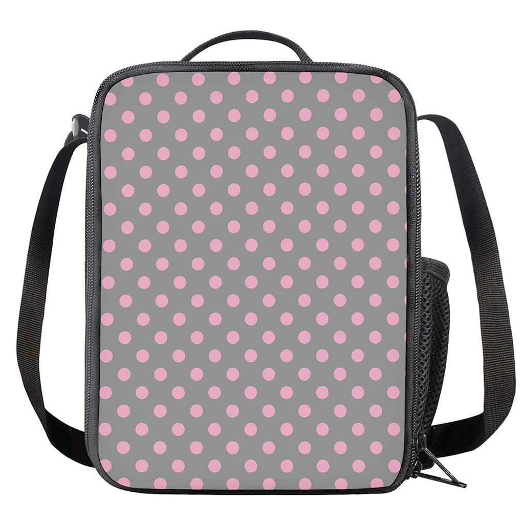 Grey And Pink Polka Dot Pattern Print Crossbody Lunch Bag
