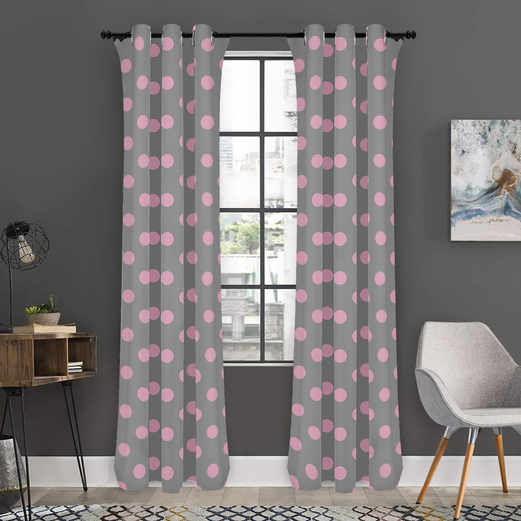 Grey And Pink Polka Dot Pattern Print Curtain
