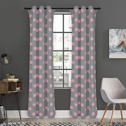 Grey And Pink Polka Dot Pattern Print Curtain