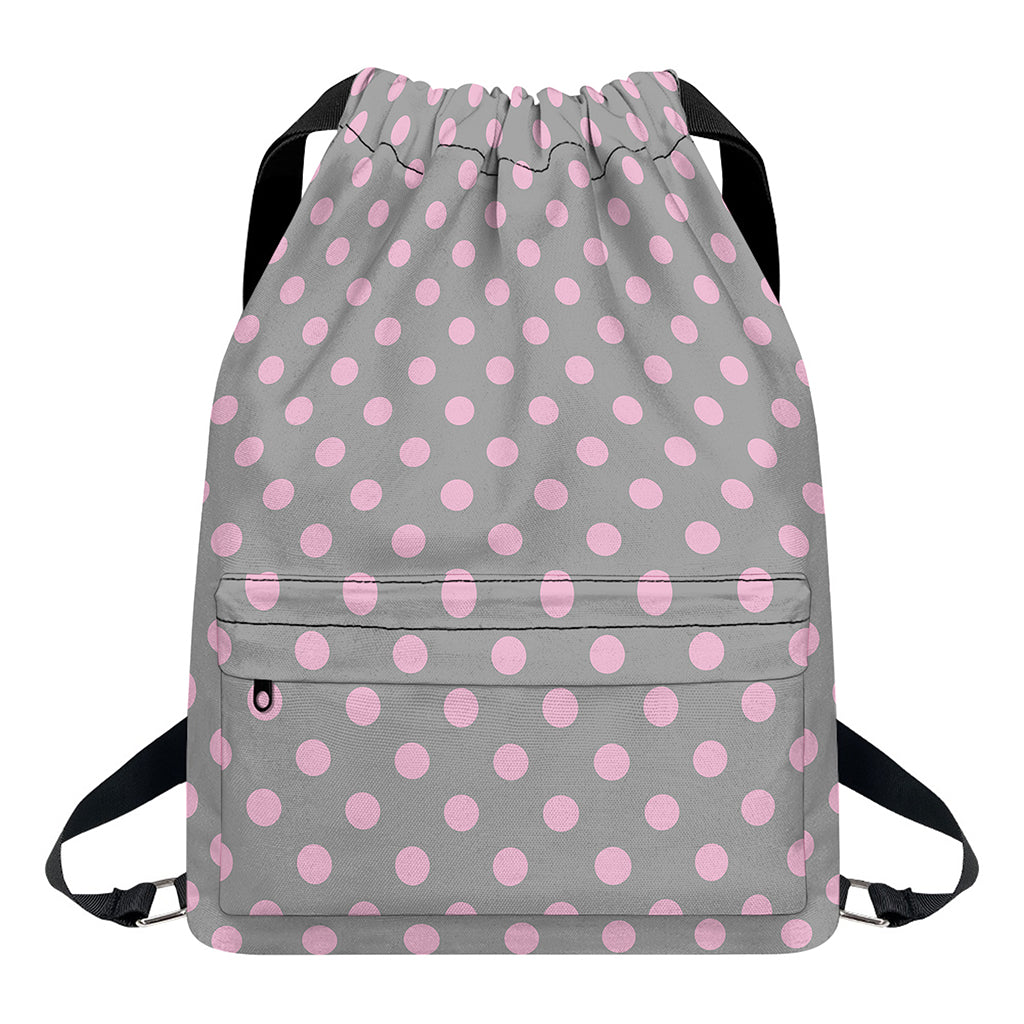 Grey And Pink Polka Dot Pattern Print Drawstring Backpack