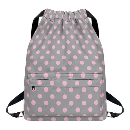 Grey And Pink Polka Dot Pattern Print Drawstring Backpack