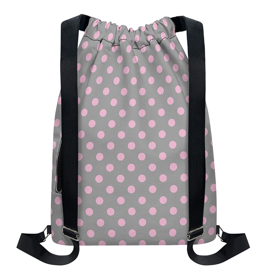 Grey And Pink Polka Dot Pattern Print Drawstring Backpack