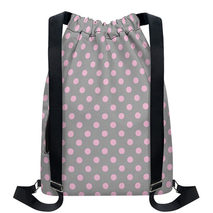 Grey And Pink Polka Dot Pattern Print Drawstring Backpack