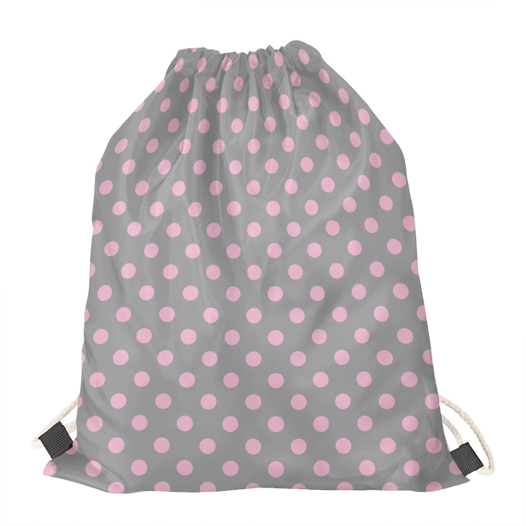Grey And Pink Polka Dot Pattern Print Drawstring Bag