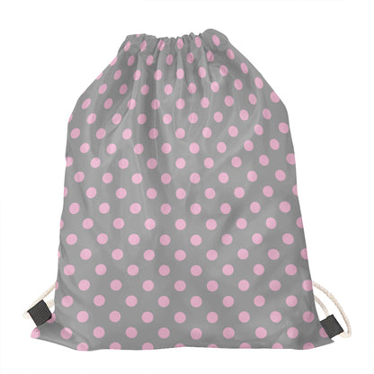 Grey And Pink Polka Dot Pattern Print Drawstring Bag