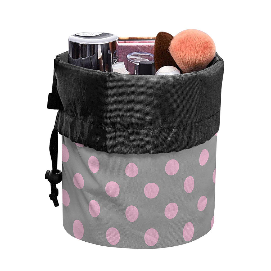 Grey And Pink Polka Dot Pattern Print Drawstring Makeup Bag