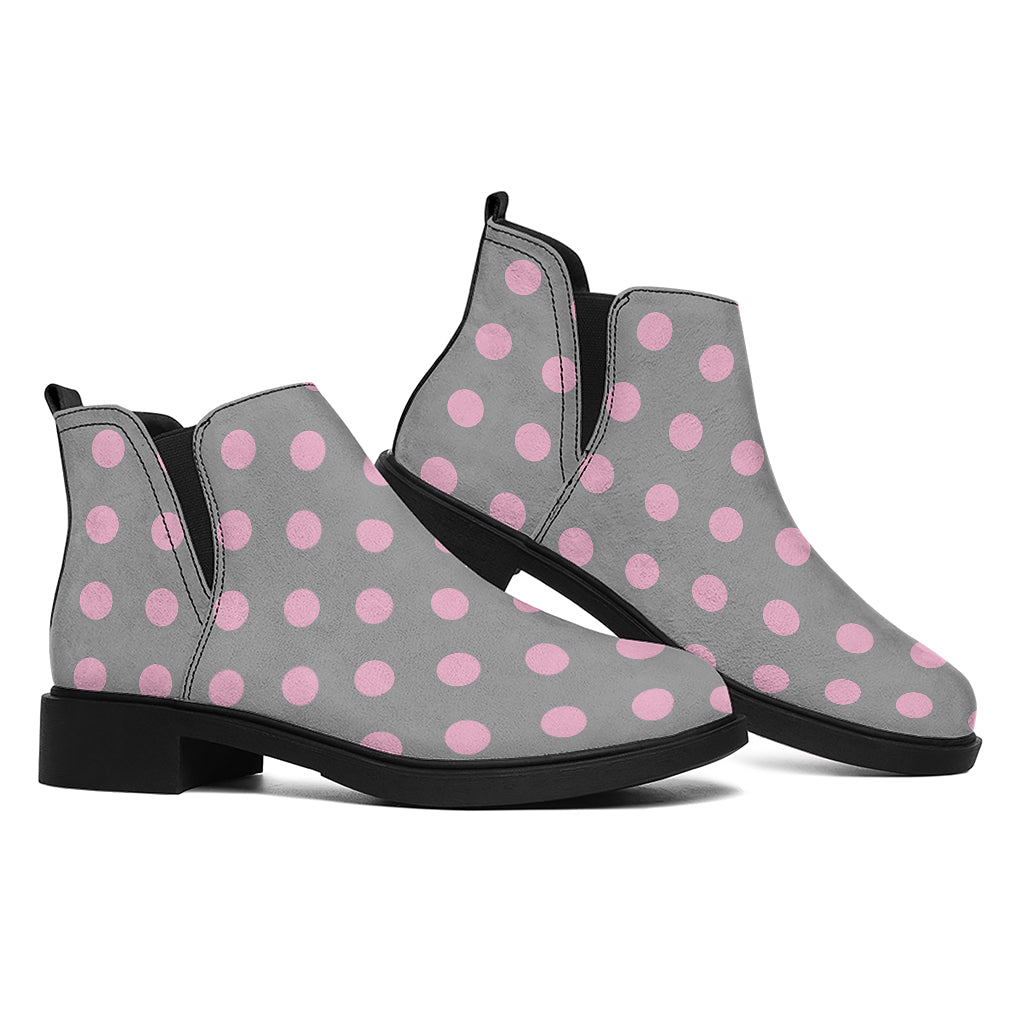 Grey And Pink Polka Dot Pattern Print Flat Ankle Boots