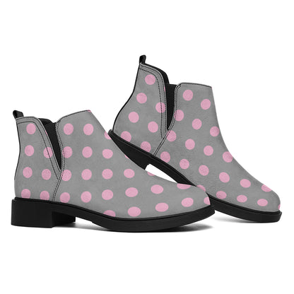 Grey And Pink Polka Dot Pattern Print Flat Ankle Boots