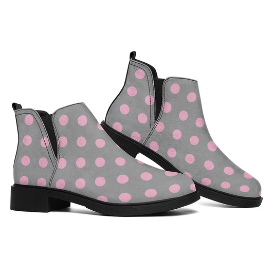 Grey And Pink Polka Dot Pattern Print Flat Ankle Boots
