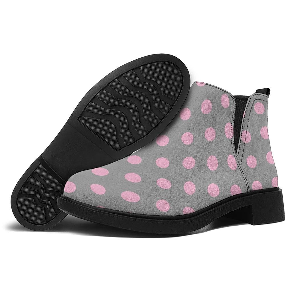 Grey And Pink Polka Dot Pattern Print Flat Ankle Boots