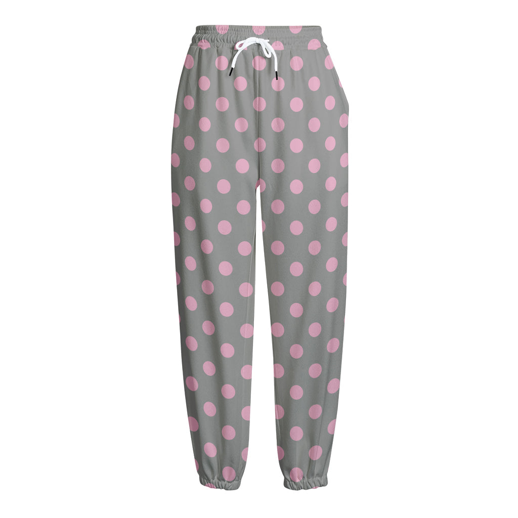 Grey And Pink Polka Dot Pattern Print Fleece Lined Knit Pants