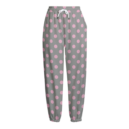 Grey And Pink Polka Dot Pattern Print Fleece Lined Knit Pants