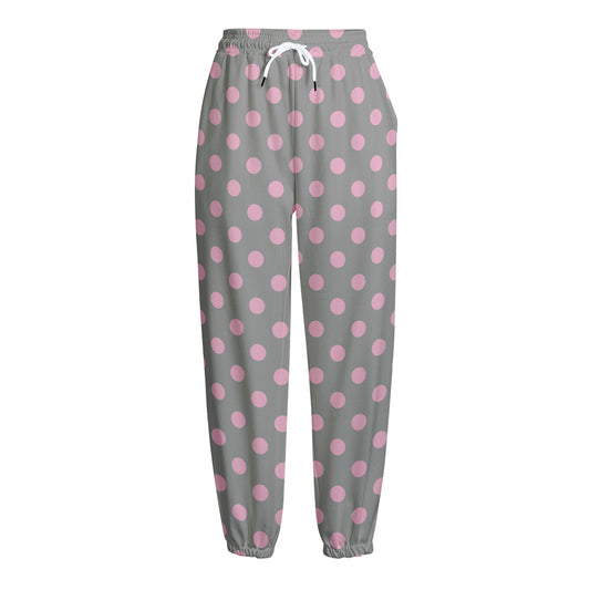Grey And Pink Polka Dot Pattern Print Fleece Lined Knit Pants