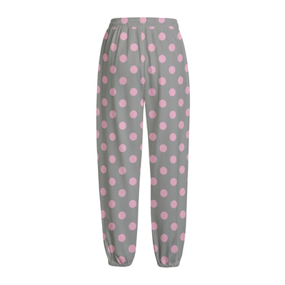 Grey And Pink Polka Dot Pattern Print Fleece Lined Knit Pants