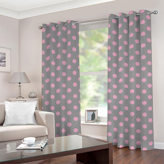 Grey And Pink Polka Dot Pattern Print Grommet Curtains