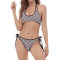 Grey And Pink Polka Dot Pattern Print Halter Scoop Tie Side Bikini