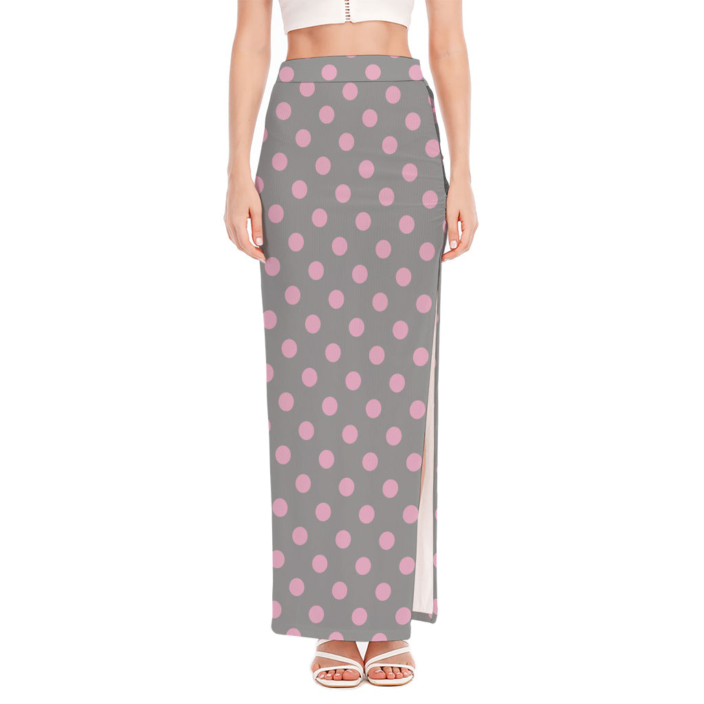 Grey And Pink Polka Dot Pattern Print High Slit Maxi Skirt