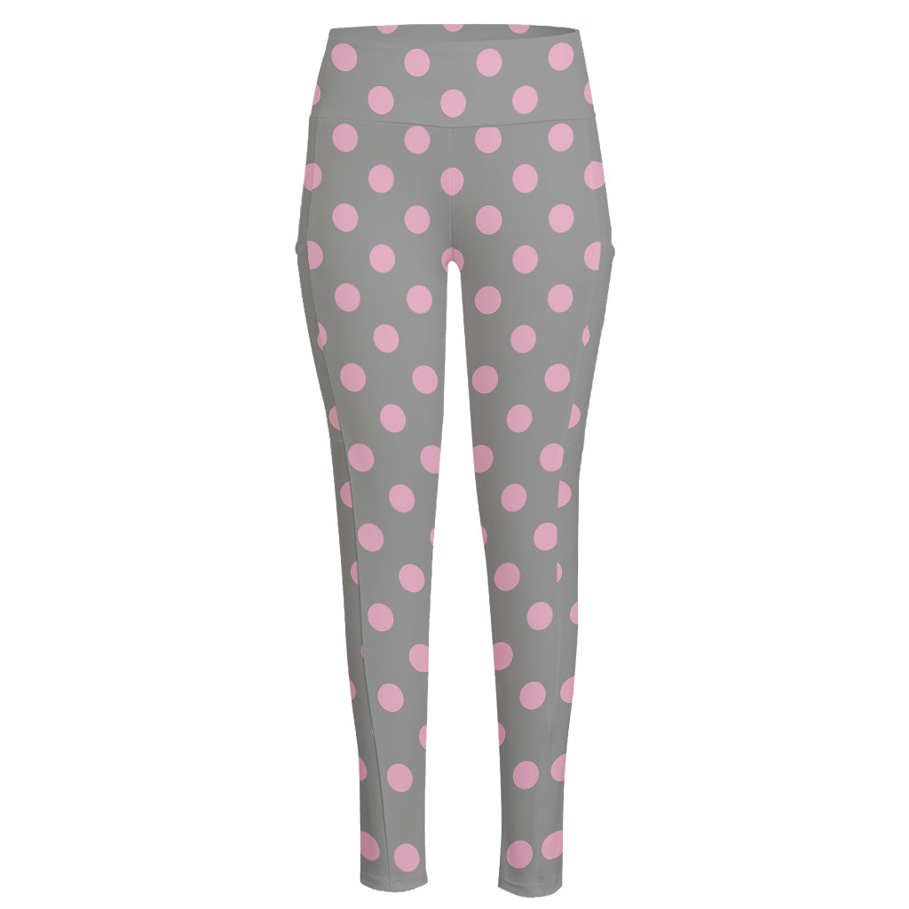 Grey And Pink Polka Dot Pattern Print High-Waisted Pocket Leggings