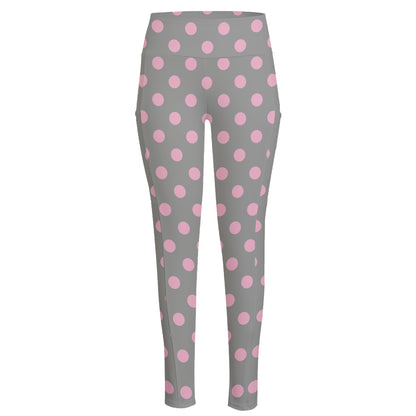 Grey And Pink Polka Dot Pattern Print High-Waisted Pocket Leggings