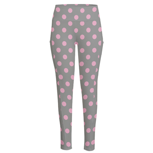 Grey And Pink Polka Dot Pattern Print High-Waisted Pocket Leggings