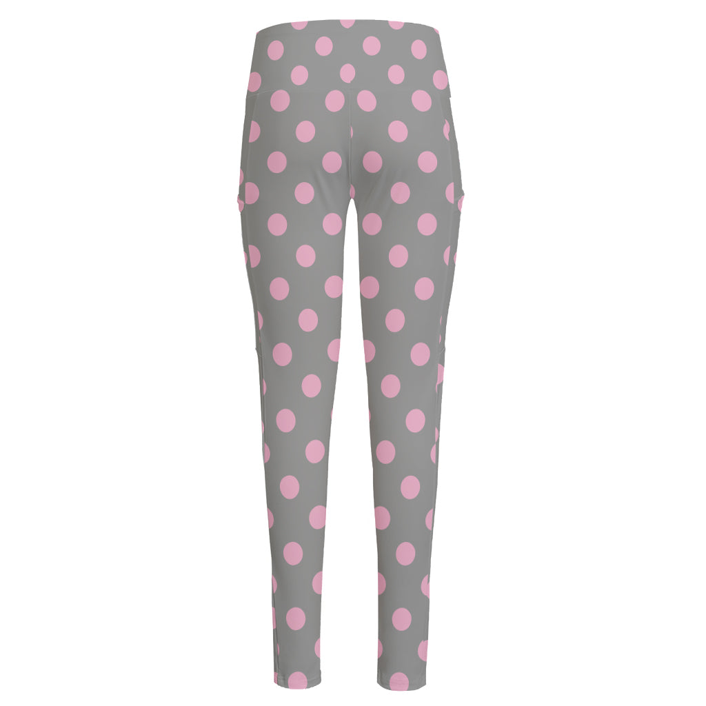 Grey And Pink Polka Dot Pattern Print High-Waisted Pocket Leggings