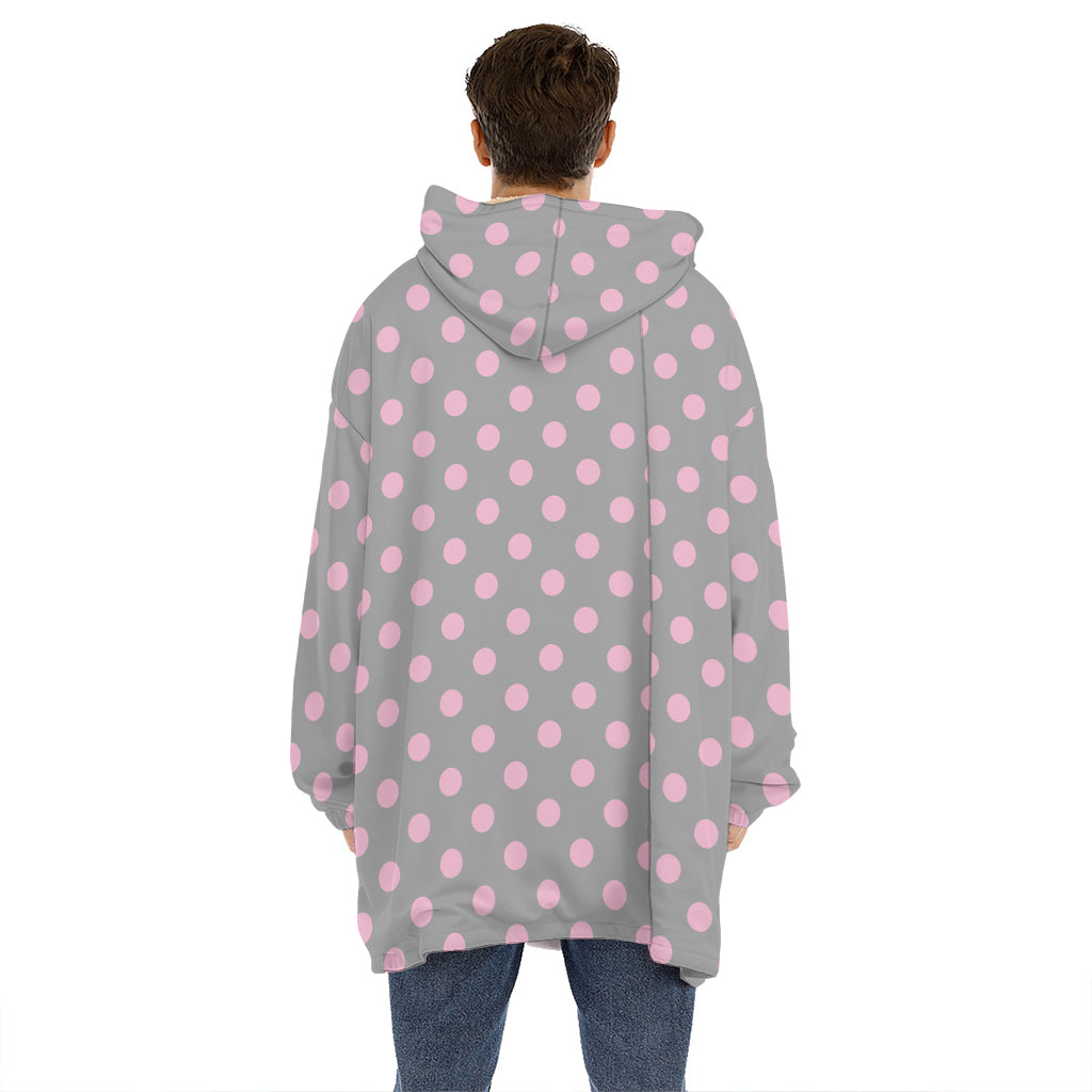 Grey And Pink Polka Dot Pattern Print Hoodie Blanket