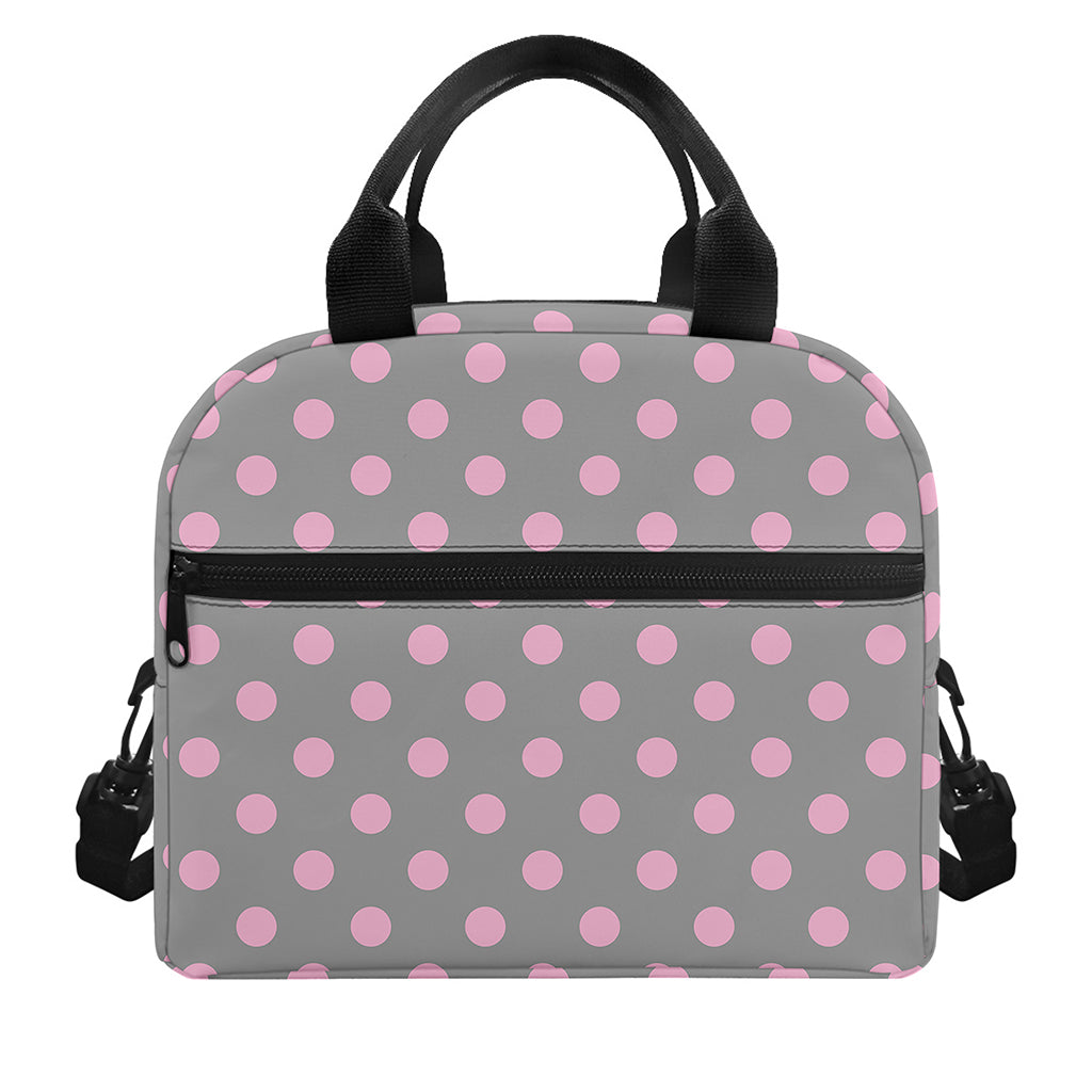 Grey And Pink Polka Dot Pattern Print Insulated Lunch Bag
