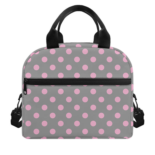 Grey And Pink Polka Dot Pattern Print Insulated Lunch Bag