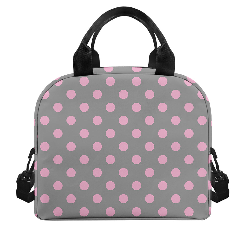 Grey And Pink Polka Dot Pattern Print Insulated Lunch Bag