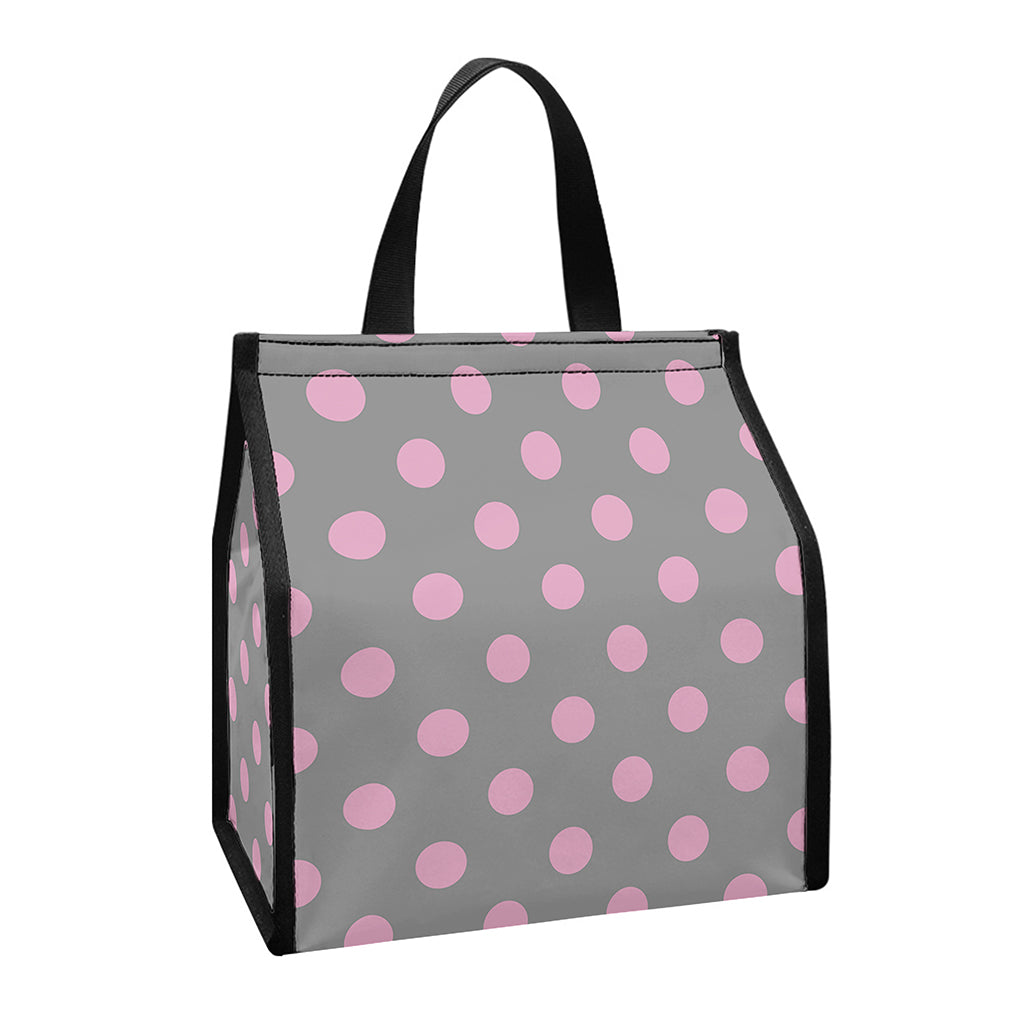 Grey And Pink Polka Dot Pattern Print Insulated Lunch Tote