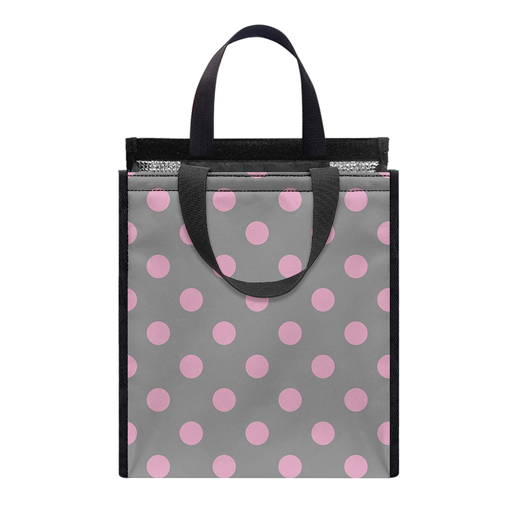 Grey And Pink Polka Dot Pattern Print Insulated Lunch Tote