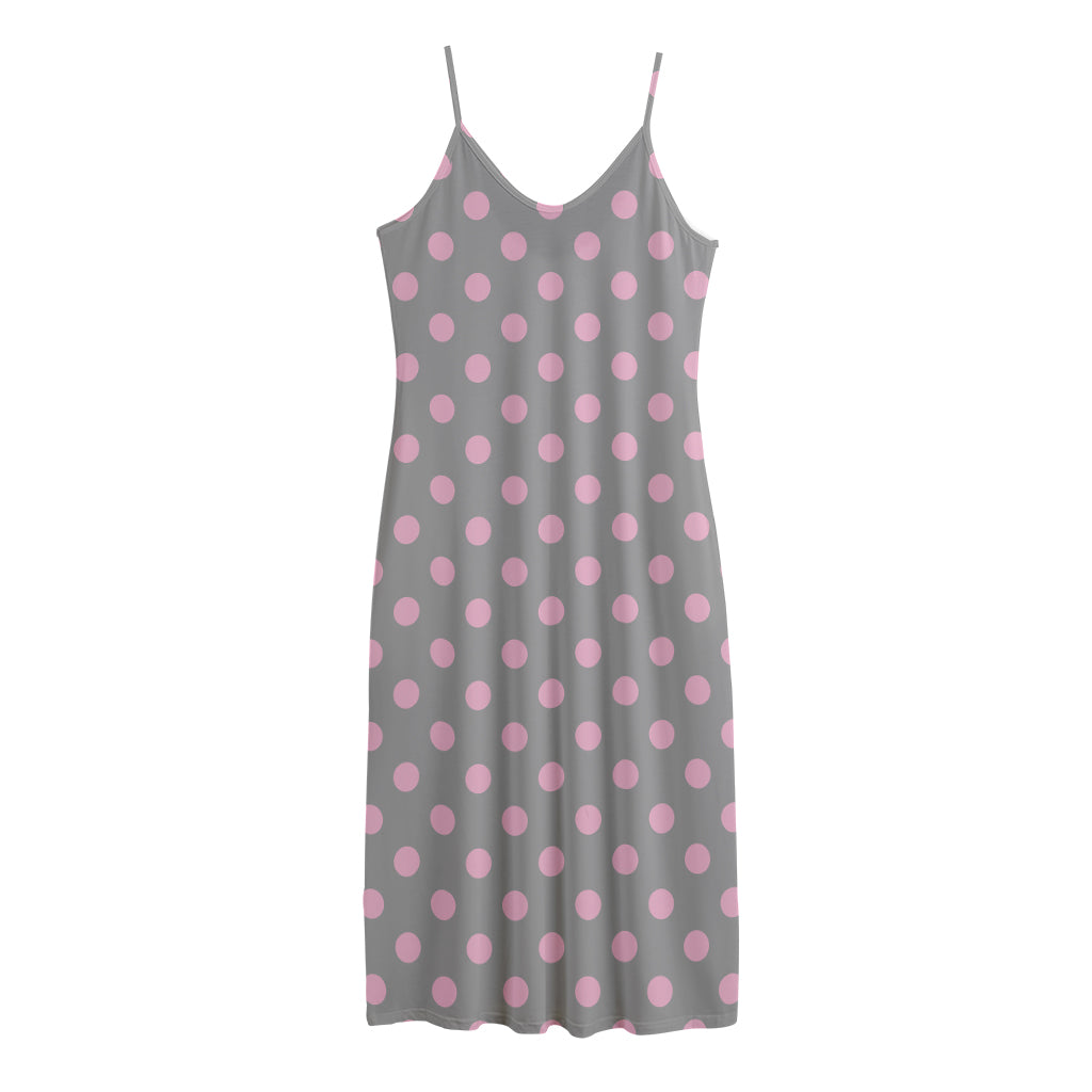 Grey And Pink Polka Dot Pattern Print Jersey Midi Cami Dress