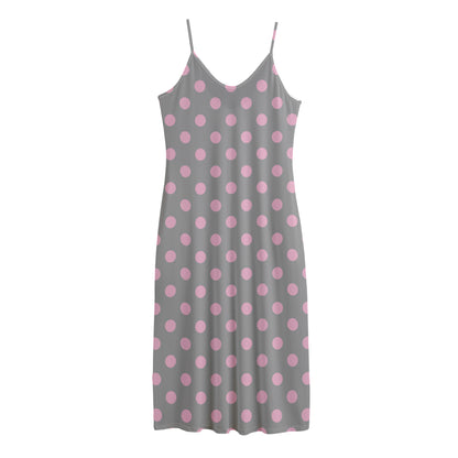 Grey And Pink Polka Dot Pattern Print Jersey Midi Cami Dress