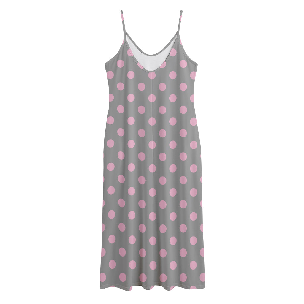 Grey And Pink Polka Dot Pattern Print Jersey Midi Cami Dress