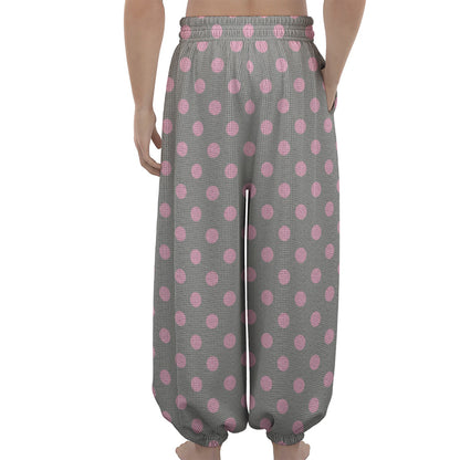 Grey And Pink Polka Dot Pattern Print Lantern Pants