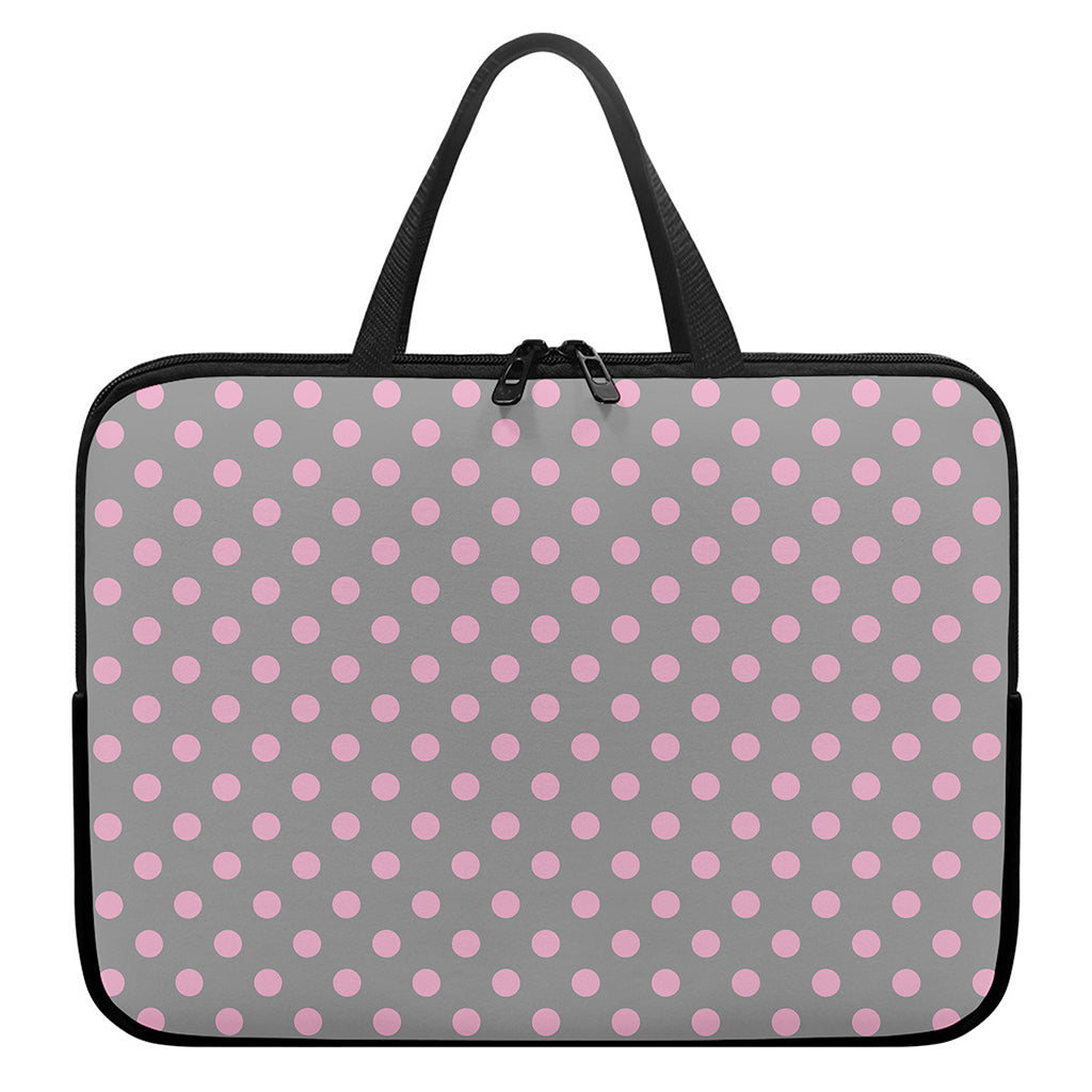 Grey And Pink Polka Dot Pattern Print Laptop Sleeve With Handle