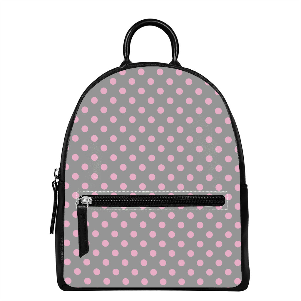 Grey And Pink Polka Dot Pattern Print Leather Backpack