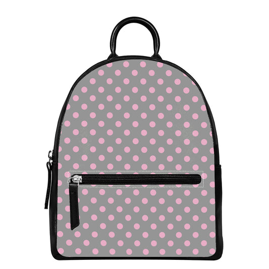 Grey And Pink Polka Dot Pattern Print Leather Backpack