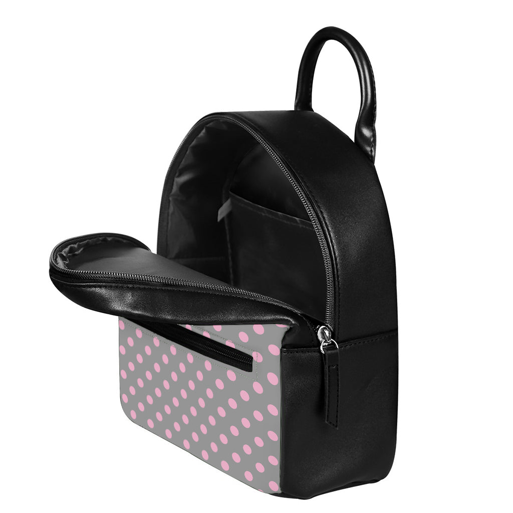 Grey And Pink Polka Dot Pattern Print Leather Backpack