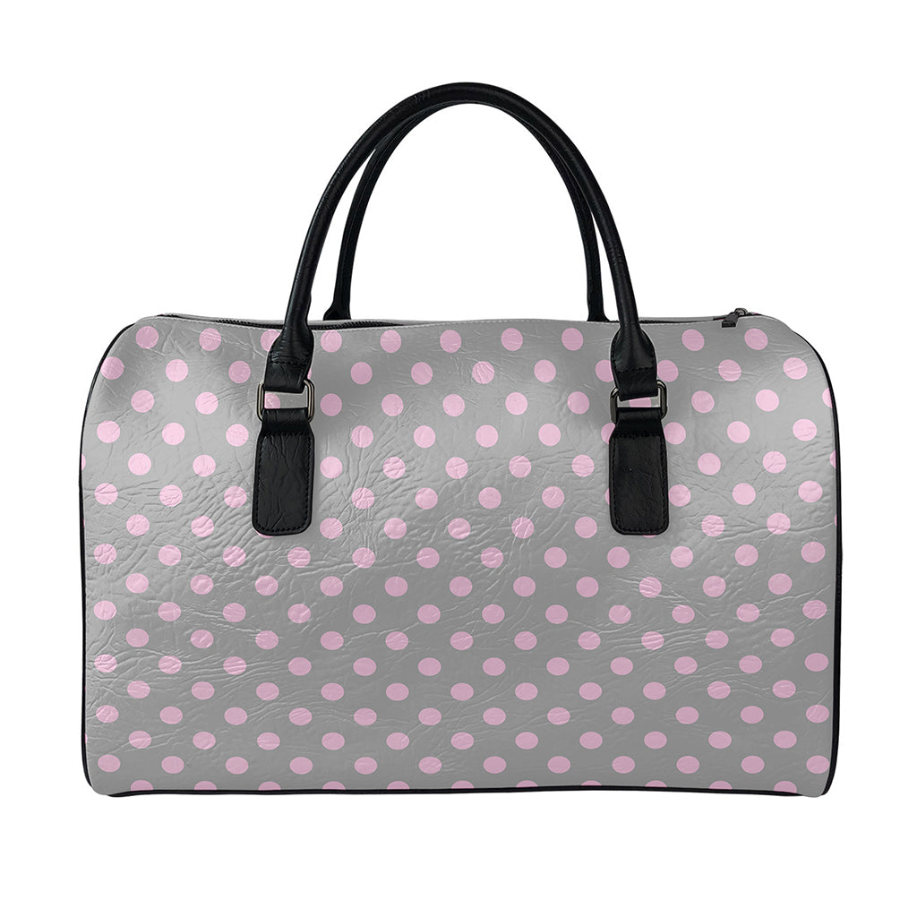 Grey And Pink Polka Dot Pattern Print Leather Duffle Bag