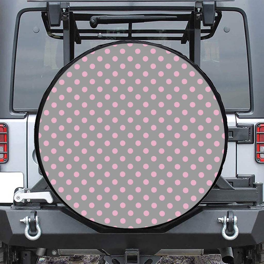 Grey And Pink Polka Dot Pattern Print Leather Spare Tire Cover