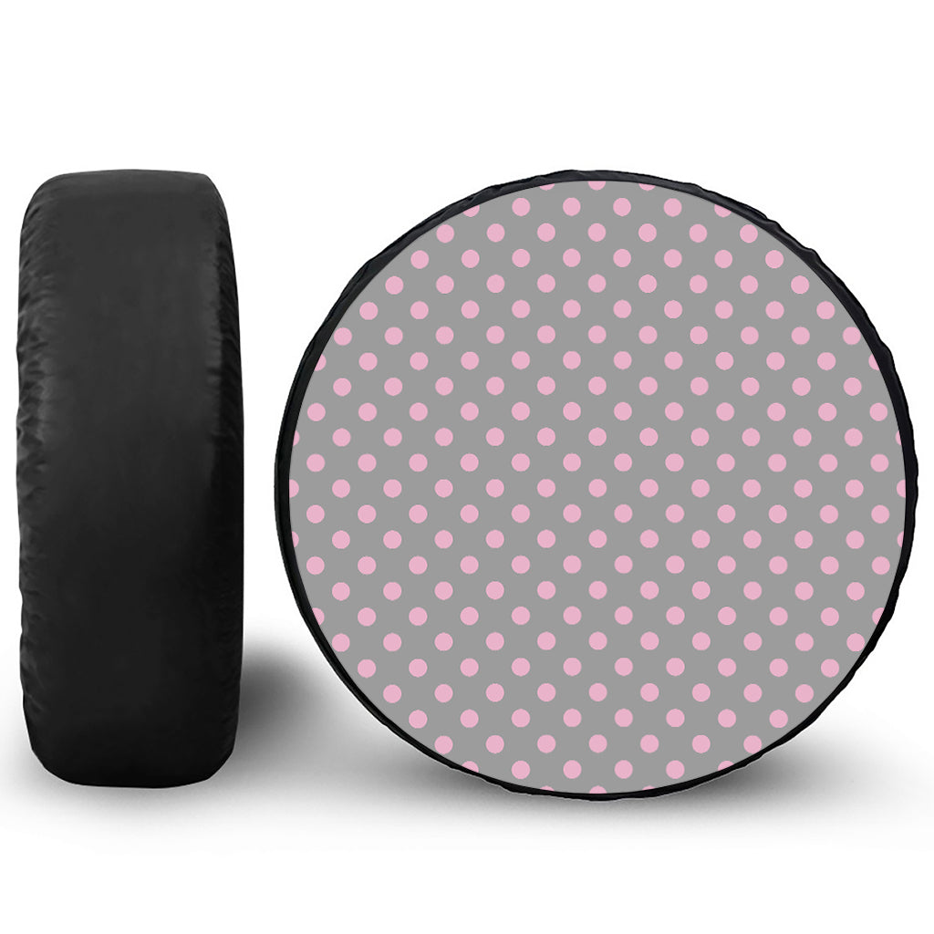 Grey And Pink Polka Dot Pattern Print Leather Spare Tire Cover