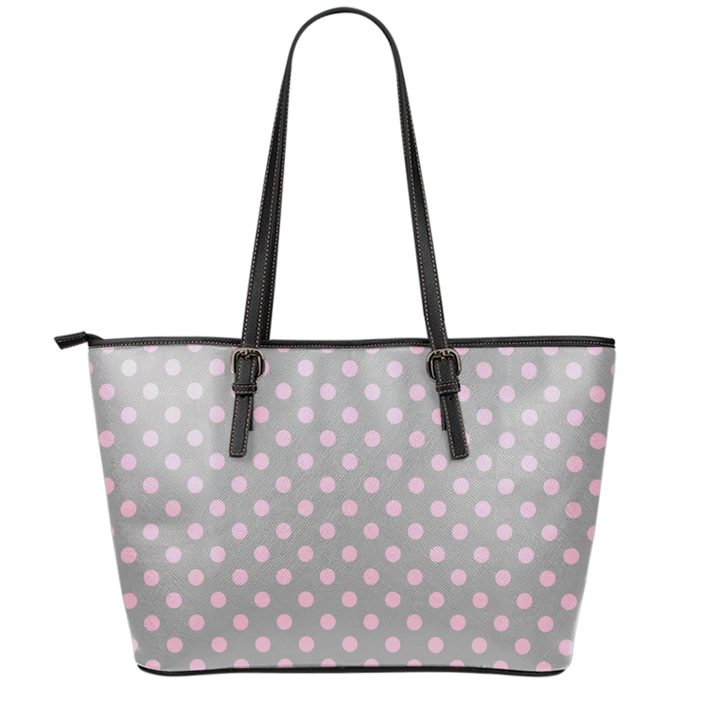 Grey And Pink Polka Dot Pattern Print Leather Tote Bag