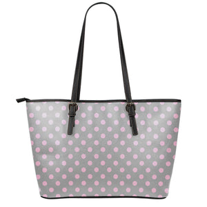 Grey And Pink Polka Dot Pattern Print Leather Tote Bag