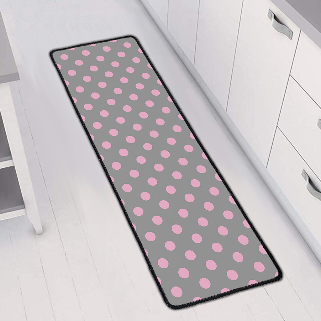 Grey And Pink Polka Dot Pattern Print Long Kitchen Mat