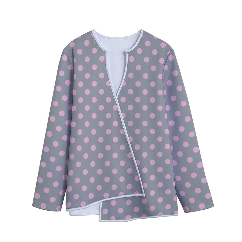 Grey And Pink Polka Dot Pattern Print Long Sleeve Short Coat